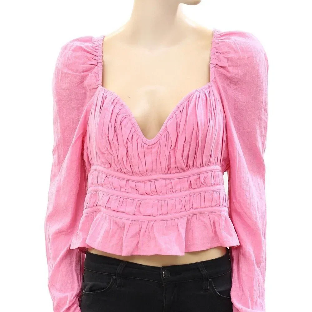 Free People Chloe Cropped Top Blouse Ruffle Puffed Sleeves Smocked S New
